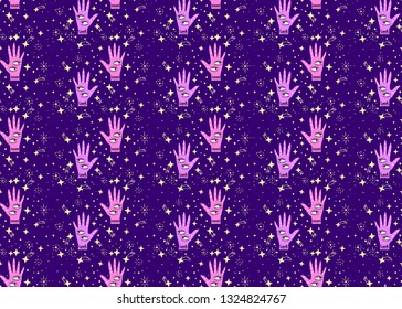 seamless pattern hands with eyes against the starry sky, look around