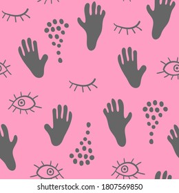 Seamless pattern with hands and eyes on pink background. Vector illustration.