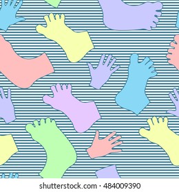 Seamless pattern with hands and feet. Striped background.