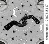 Seamless pattern with hands of fortune teller, crescent and mystical symbols. Tattoo, poster or altar print design concept; esoteric, wicca and gothic background