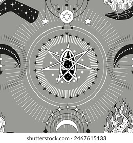 Seamless pattern with hands of fortune teller, pentagram and mystical symbols. Tattoo, poster or altar print design concept; esoteric, wicca and gothic background