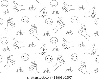 Seamless pattern of hands with gestures OK, everything is fine, everything is fine, life is beautiful, one continuous line art drawing