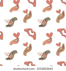 Seamless pattern of hands with heart in doodle style isolated human hands. Vector different man woman hands showing love sign, Valentine's Day