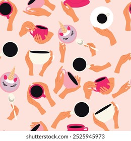 Seamless pattern with hands holding cups. Vector background.