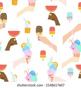 Seamless Pattern with Hands holding Ice Cream on White Background