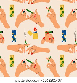 Patrón sin foco con manos sosteniendo un encendedor y un cigarrillo. Vector al estilo de las caricaturas.