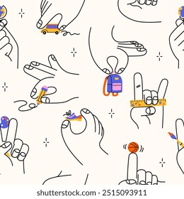 Seamless pattern with hands holding school supplies. Hand drawn print with the big hands with the colorful school bus, palette, brush, globe, ball, ruler, book, pen. 