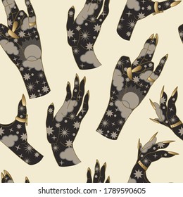 Seamless pattern with hands in line art style. Magic vector illustration with gold elements.