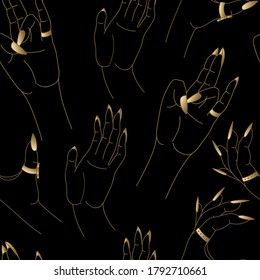 Seamless pattern with hands in line art style. Magic vector illustration with gold elements