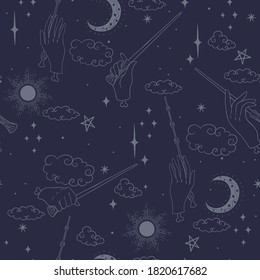 Seamless pattern with hands and magic wands. Vector graphics.