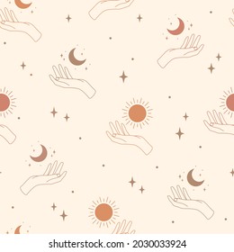 Seamless pattern with hands, moon and sun. Hand drawn vector illustration. Black and white background. Line art. 