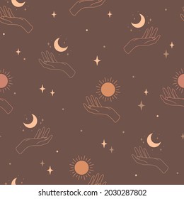 Seamless pattern with hands, moon and sun on brown background. Bohemian vector illustration. Black and white background. Line art.