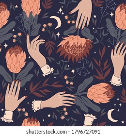 Seamless pattern with hands and protea flowers. Vector graphics.