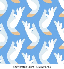 Seamless pattern hands in protective white gloves. professional medical accessories. Latex gloves as a symbol of protection against viruses and bacteria. medical care. Vector flat illustration.