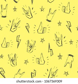 Seamless pattern with hands showing cool rock and roll signs. Hand drawn background for your design.