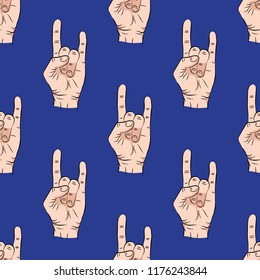 Seamless pattern with hands showing cool rock and roll signs. background for your design. Vector illustration