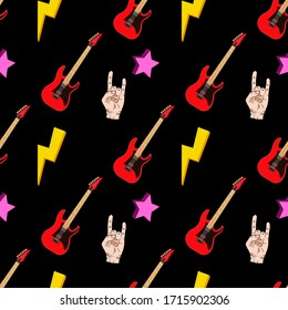 Seamless pattern with hands showing cool rock and roll signs. Hand drawn background for your design. EPS