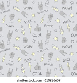 Seamless pattern with hands showing cool rock and roll signs. Hand drawn background for your design.