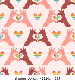 Patrón sin foco con las manos mostrando el corazón LGBTQ. El amor es amor, mes del orgullo, comunidad LGBTQ. Ilustración vectorial en estilo plano
