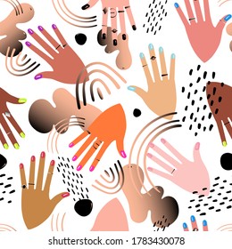 Seamless pattern with hands showing manicure and abstract spots. 