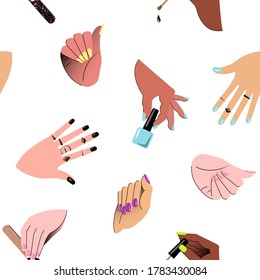 Seamless pattern with hands showing manicure and nail care on white background.