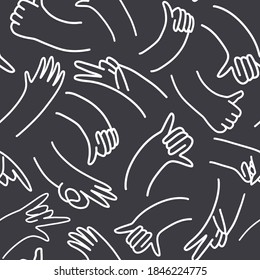 Seamless pattern with hands showing various gestures and signs on dark background. Simple illustrations with palms - shaka, like, okay, rock-n-roll
