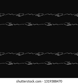 Seamless pattern with hands underline. Hand drawn white line art on black background. Doodle brush, pen, marker illustration.