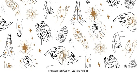 Seamless pattern with hands. A woman casts a spell. Magic hands. 
Palm tattoos