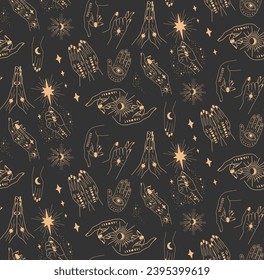 Seamless pattern with hands. A woman casts a spell. Magic hands. 
Palm tattoos. On a dark background. Gold on black background