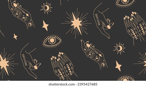 Seamless pattern with hands. A woman casts a spell. Magic hands. 
Palm tattoos. On a dark background. Gold on black background