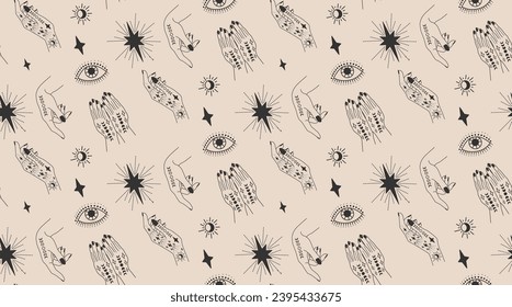 Seamless pattern with hands. A woman casts a spell. Magic hands. 
Palm tattoos