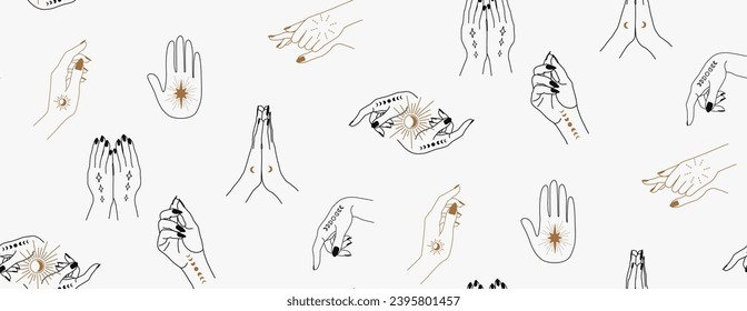 Seamless pattern with hands. A woman casts a spell. Magic hands. 
Palm tattoos