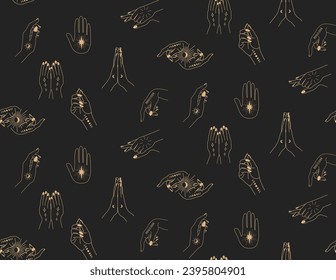 Seamless pattern with hands. A woman casts a spell. Magic hands. 
Palm tattoos. On a dark background. Gold on black background