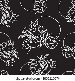 Seamless pattern of hand-scrawled  skull with roses. Vector illustration