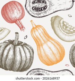 Seamless pattern with hand-sketched Pumpkins. Thanksgiving design backdrop. Autumn Harvest background with vector vegetables, pumpkins slice, and seeds sketches. For packaging, banners, wrapping.