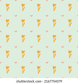 Seamless pattern handwriting with orange tulip flower and pink heart on light green background vector illustration, cute childish print