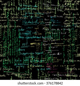 Seamless pattern with handwriting text. Calligraphic English text, black background. Natural hand writing style. Lectures archives on different subjects, graphic design, typography, web programming.