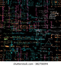 Seamless pattern with handwriting text. Calligraphic English text, black background. Natural hand writing style. Lectures archives on different subjects, graphic design, typography, web programming.