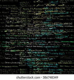Seamless pattern with handwriting text. Calligraphic English text, black background. Natural hand writing style. Lectures archives on different subjects, graphic design, typography, web programming.
