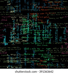 Seamless pattern with handwriting text. Calligraphic English text, black background. Natural hand writing style. Lectures archives on different subjects, graphic design, typography, web programming.