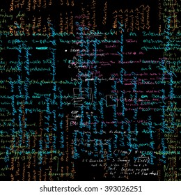 Seamless pattern with handwriting text. Calligraphic English text, black background. Natural hand writing style. Lectures archives on different subjects, graphic design, typography, web programming.