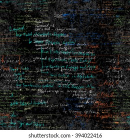 Seamless pattern with handwriting text. Calligraphic English text, on chalk board. Natural hand writing style. Lectures archives on different subjects, graphic design, typography, web programming.