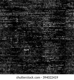 Seamless pattern with handwriting text. Calligraphic English text, on chalk board. Natural hand writing style. Lectures archives on different subjects, graphic design, typography, web programming.