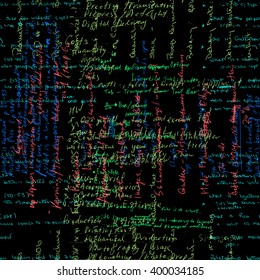 Seamless pattern with handwriting text. Calligraphic English text, black background. Natural hand writing style. Lectures archives on different subjects, graphic design, typography, web programming.