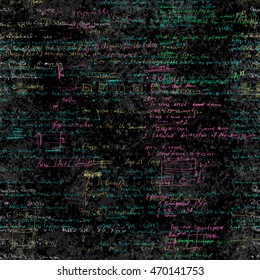 Seamless pattern with handwriting text. Calligraphic English text, on chalk board. Natural hand writing style. Lectures archives on different subjects, graphic design, typography, web programming.