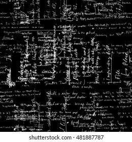 Seamless pattern with handwriting text. Calligraphy text, black background. Natural hand writing style. Lectures archives on different subjects, such as graphic design, typography and web programming.