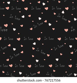 Seamless Pattern with handwriting text and hearts for Valentine's Day. Seamless Design. Great for cards, fabric, swatches, textile, postcards, etc. Vector Illustration