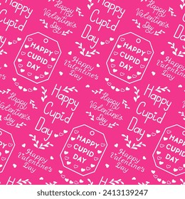 Seamless pattern with handwriting Valentines greetings. Vector outline doodle items and word related to St Valentines day. White elements on pink background. Perfect for decoration, background