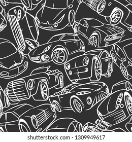 Seamless pattern with handwritten cars. Vector illustration