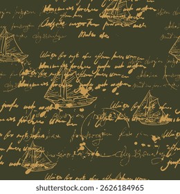 Seamless pattern handwritten illegible text ink, splatter, sailboat, travel, vintage